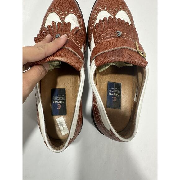 Callaway Golf Shoes Men's 9.5 Brown White Wing Monk Strap‎ Buckle Spikes Italy - Picture 6 of 10